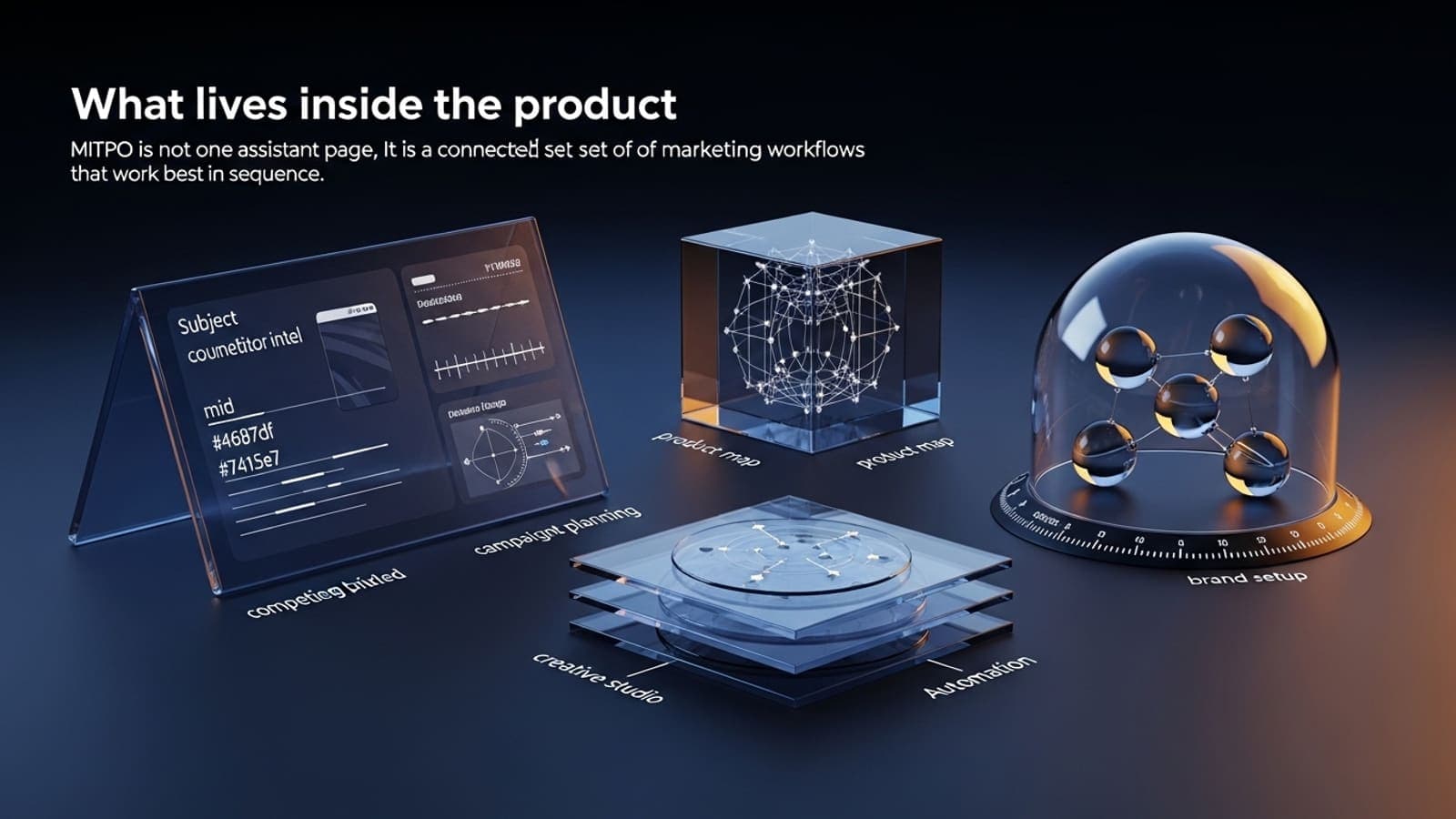 A product map showing connected MITPO marketing workflows for research, strategy, creative, and campaigns