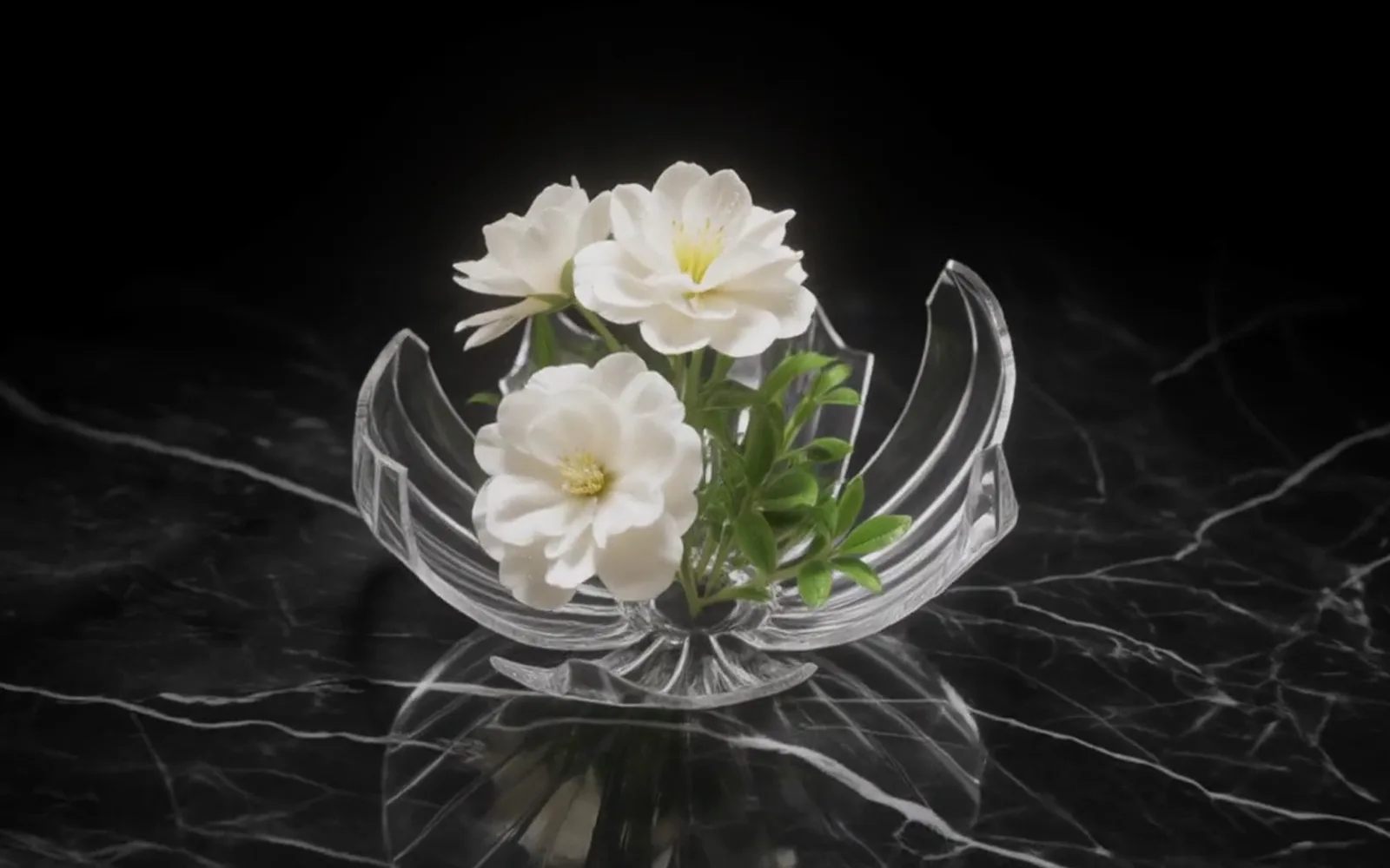 A frame from a FLUX 3 Video clip: white flowers blooming out of a cracked glass perfume bottle on black marble