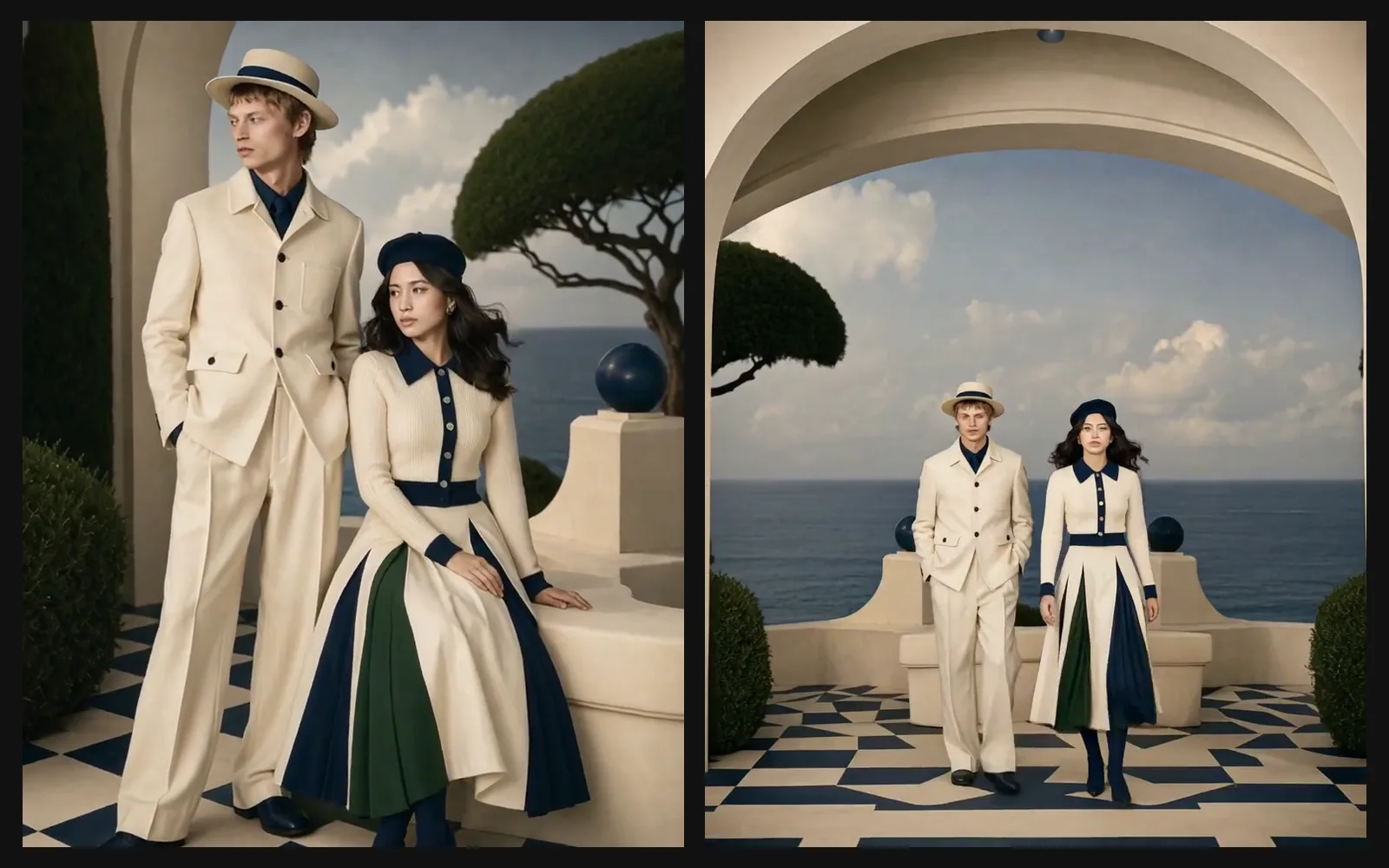 Two frames of a fashion editorial: a man in a straw hat and cream jacket, and a couple on a seaside terrace with a checkerboard floor, from a MiniMax H3 clip