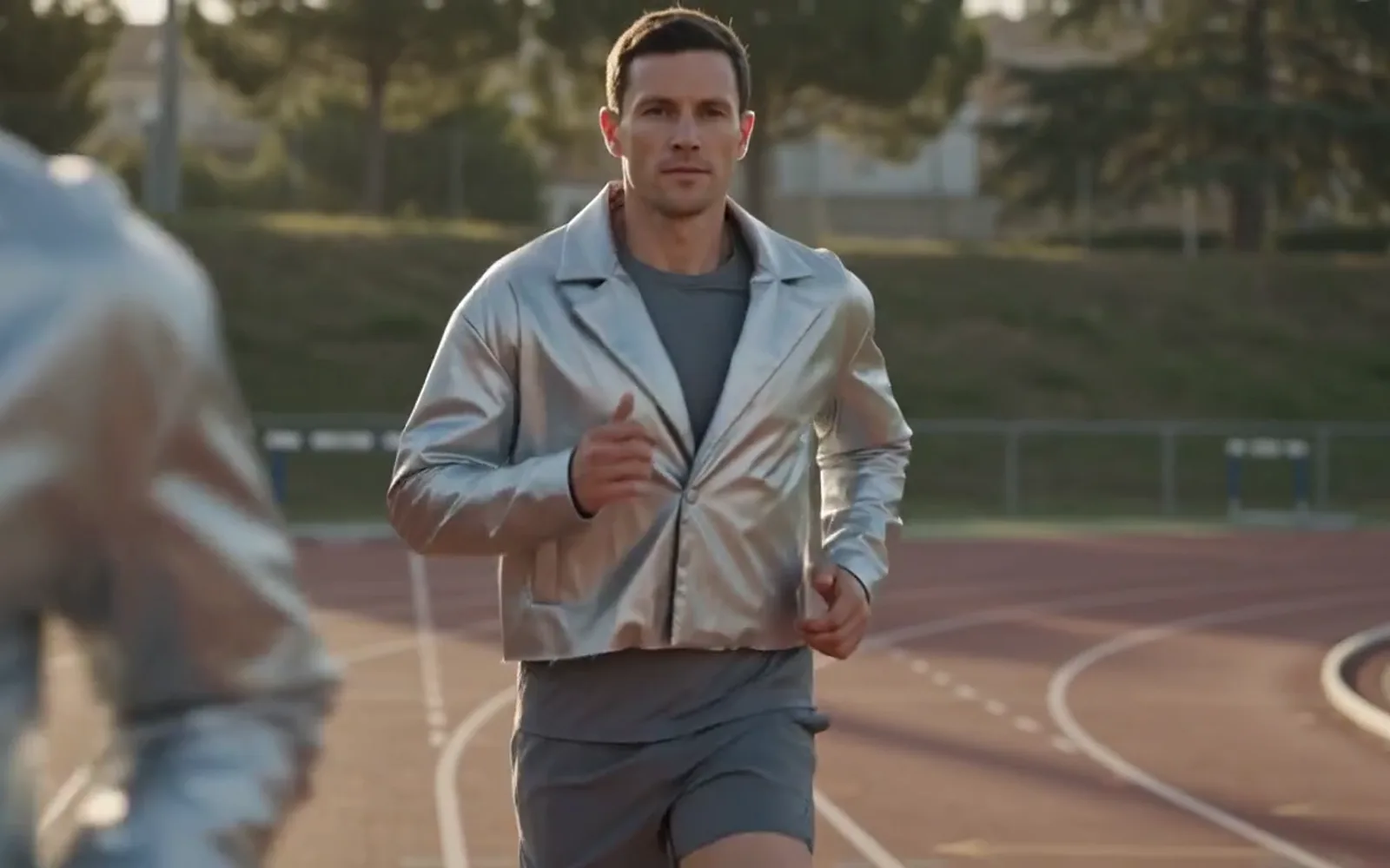 A man in a chrome jacket running on an athletics track at golden hour, a frame from a Seedance 2.5 clip