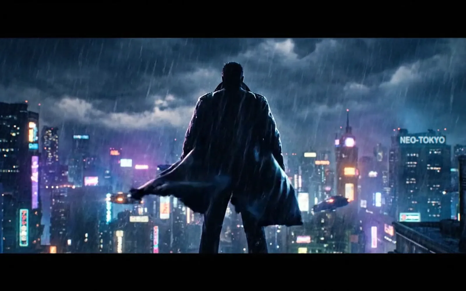 A hero silhouette in a long coat on a rain-soaked rooftop above a neon city at night, a frame from a Veo 3.1 Fast clip