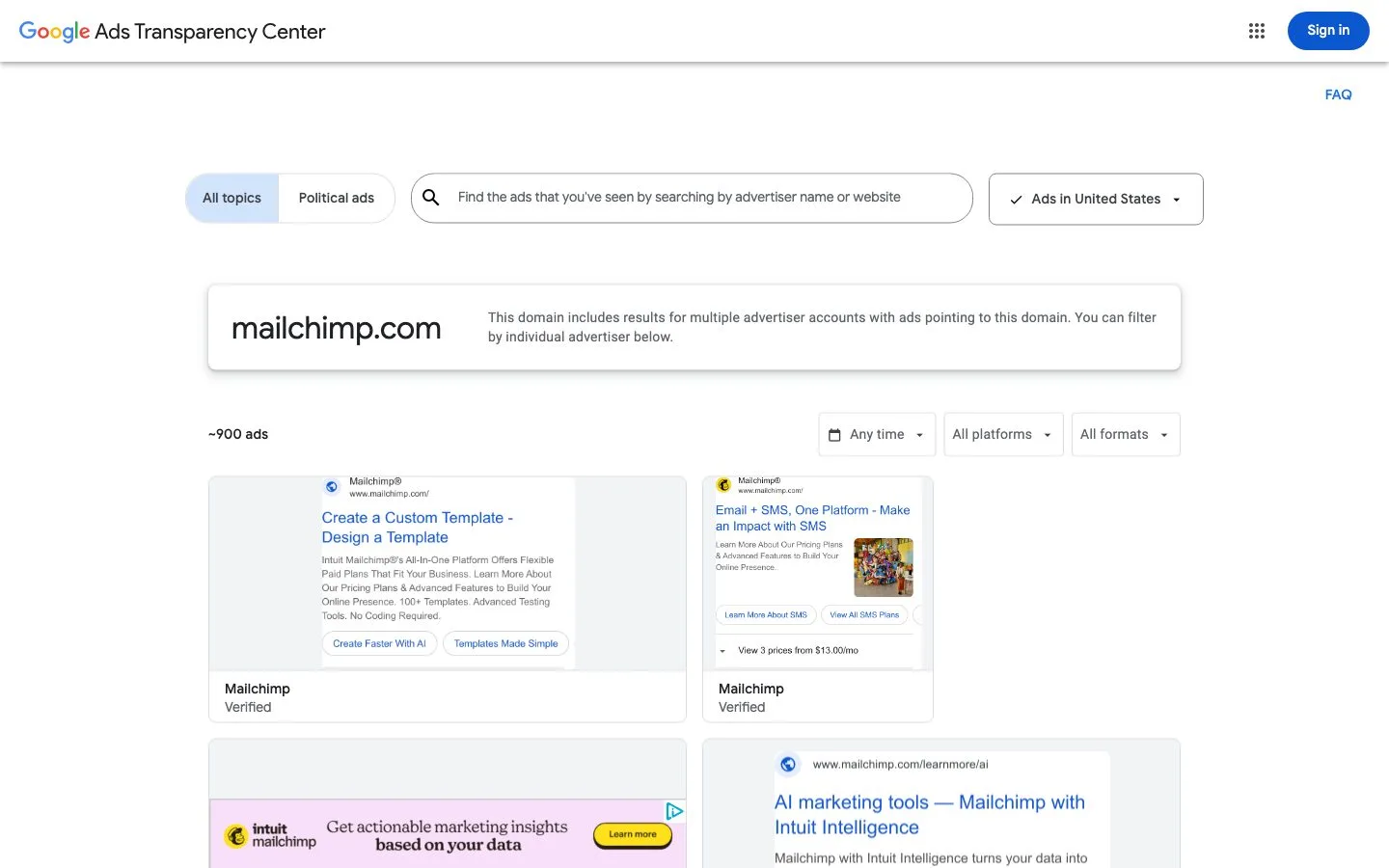 The Google Ads Transparency Center showing about 900 ads for the domain mailchimp.com in the United States