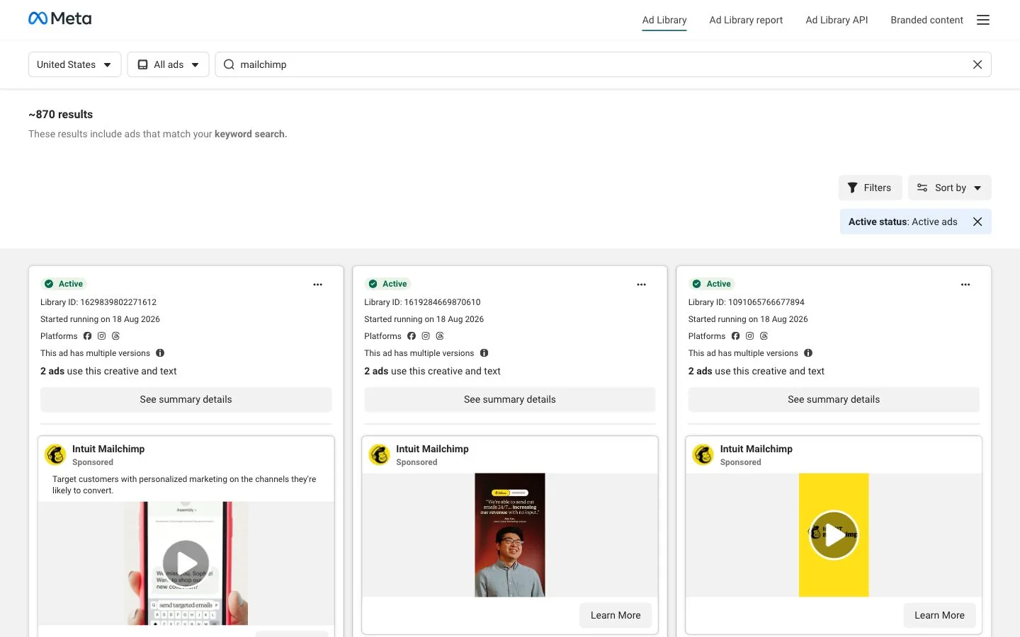 The Meta Ad Library showing about 870 results for a keyword search, with active ads, their start dates and platforms