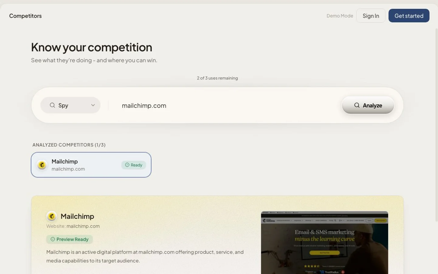 MITPO's Competitors page in Spy mode with a competitor's website typed in and the Analyze button