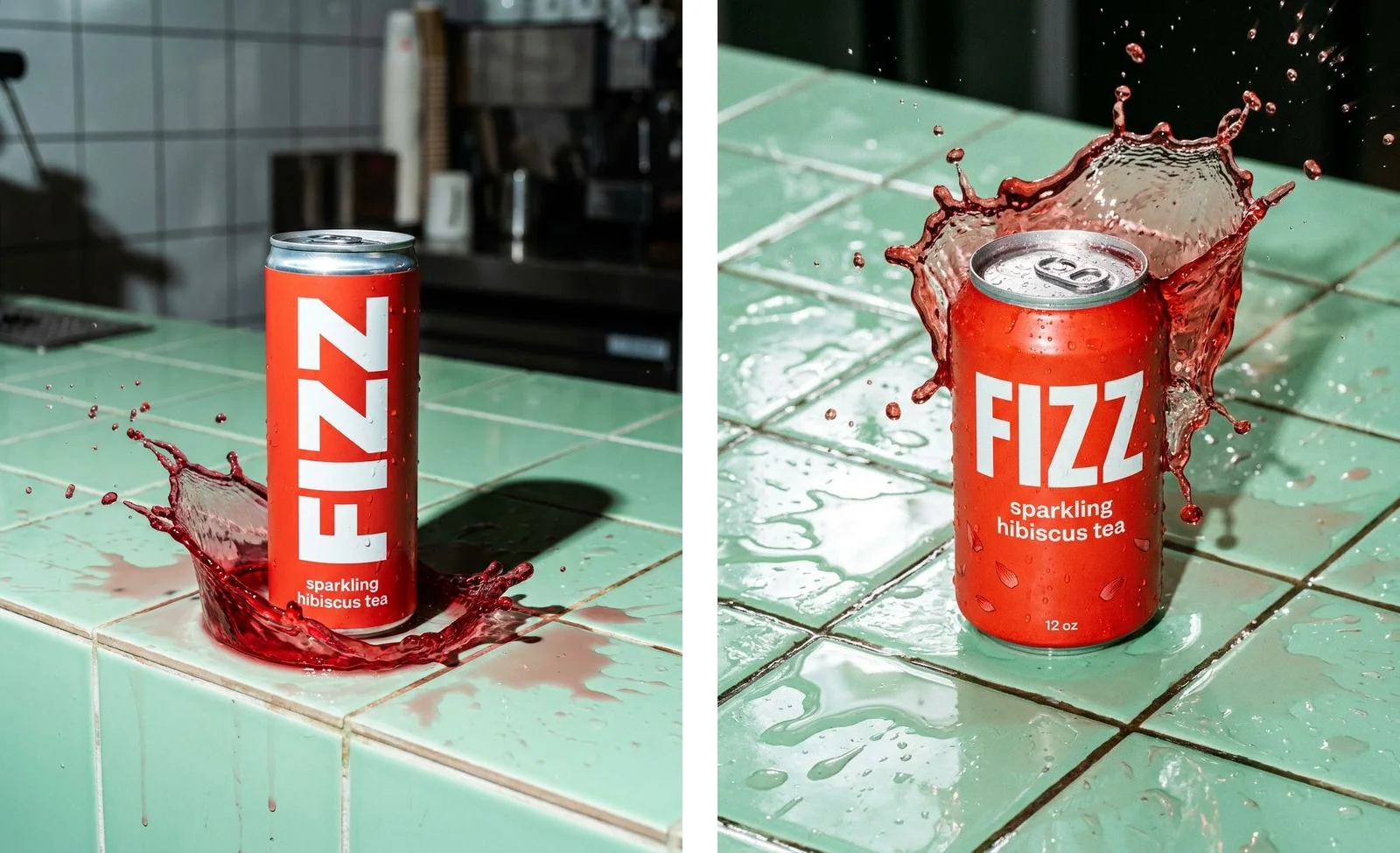The same FIZZ sparkling hibiscus tea prompt rendered by Nano Banana Pro on the left and Nano Banana 2.1 on the right