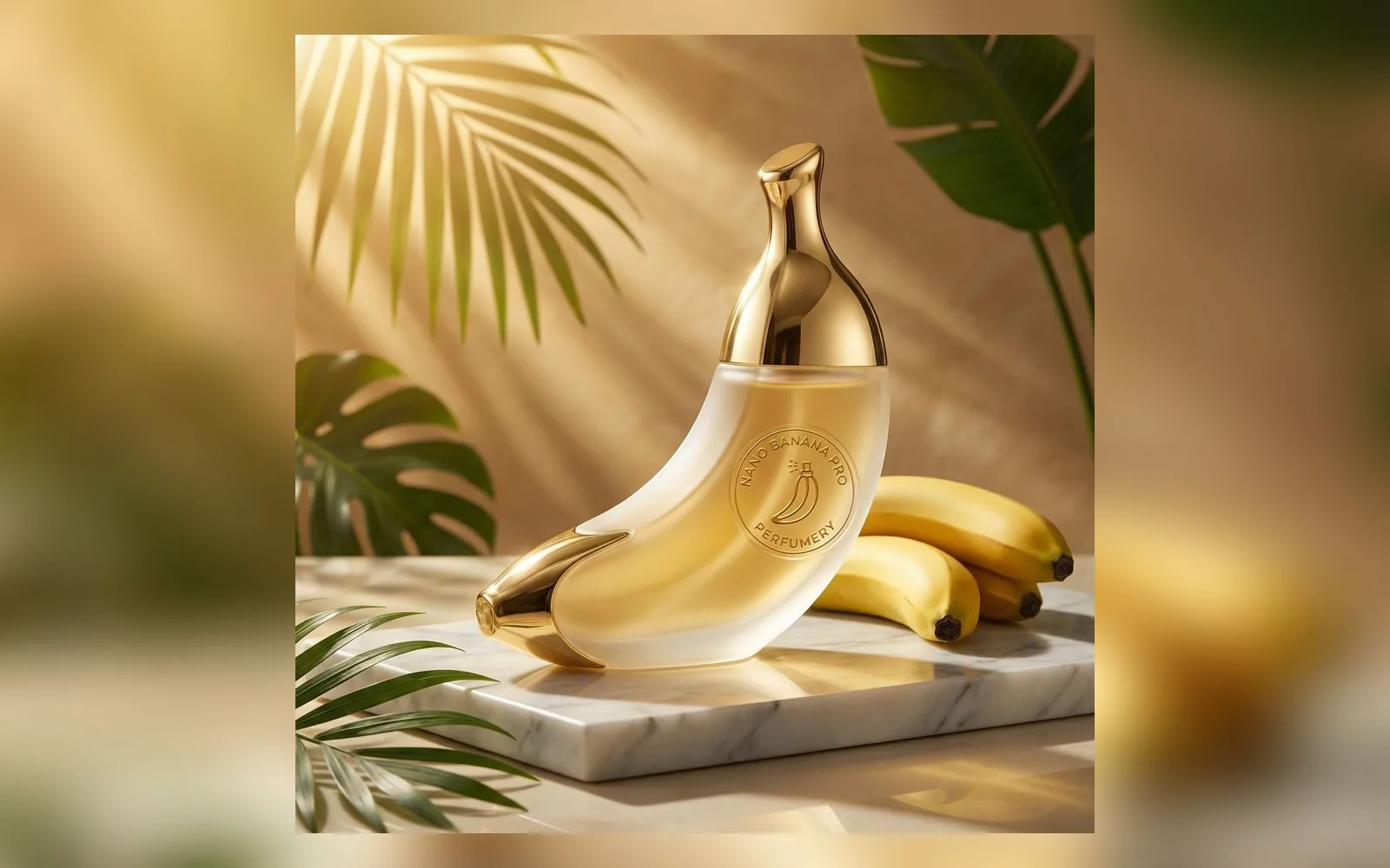 A golden banana-shaped perfume bottle with a logo etched into the glass, on a marble block with bananas and palm leaves, generated by Nano Banana Pro