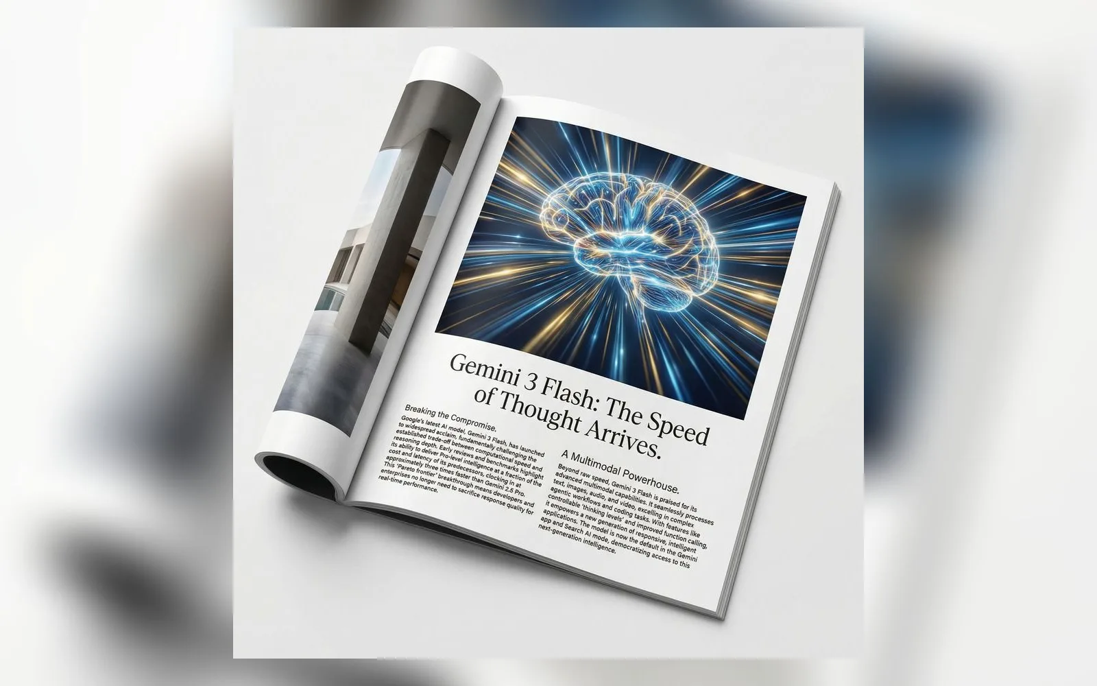A glossy magazine page with a brain illustration and the headline Gemini 3 Flash: The Speed of Thought Arrives, generated by Nano Banana Pro with search grounding