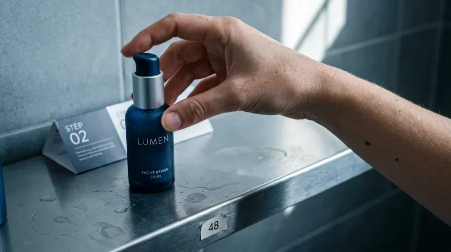 A hand placing a navy LUMEN Night Repair serum bottle on a wet steel shelf, with a STEP 02 card and a price tag reading 48, made with Nano Banana Pro